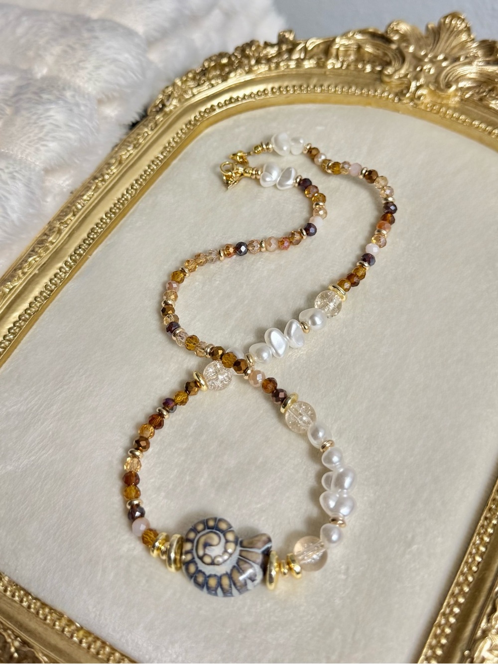 Handmade Gold & Pearl Beaded Necklace with Nautical Ceramic Charm